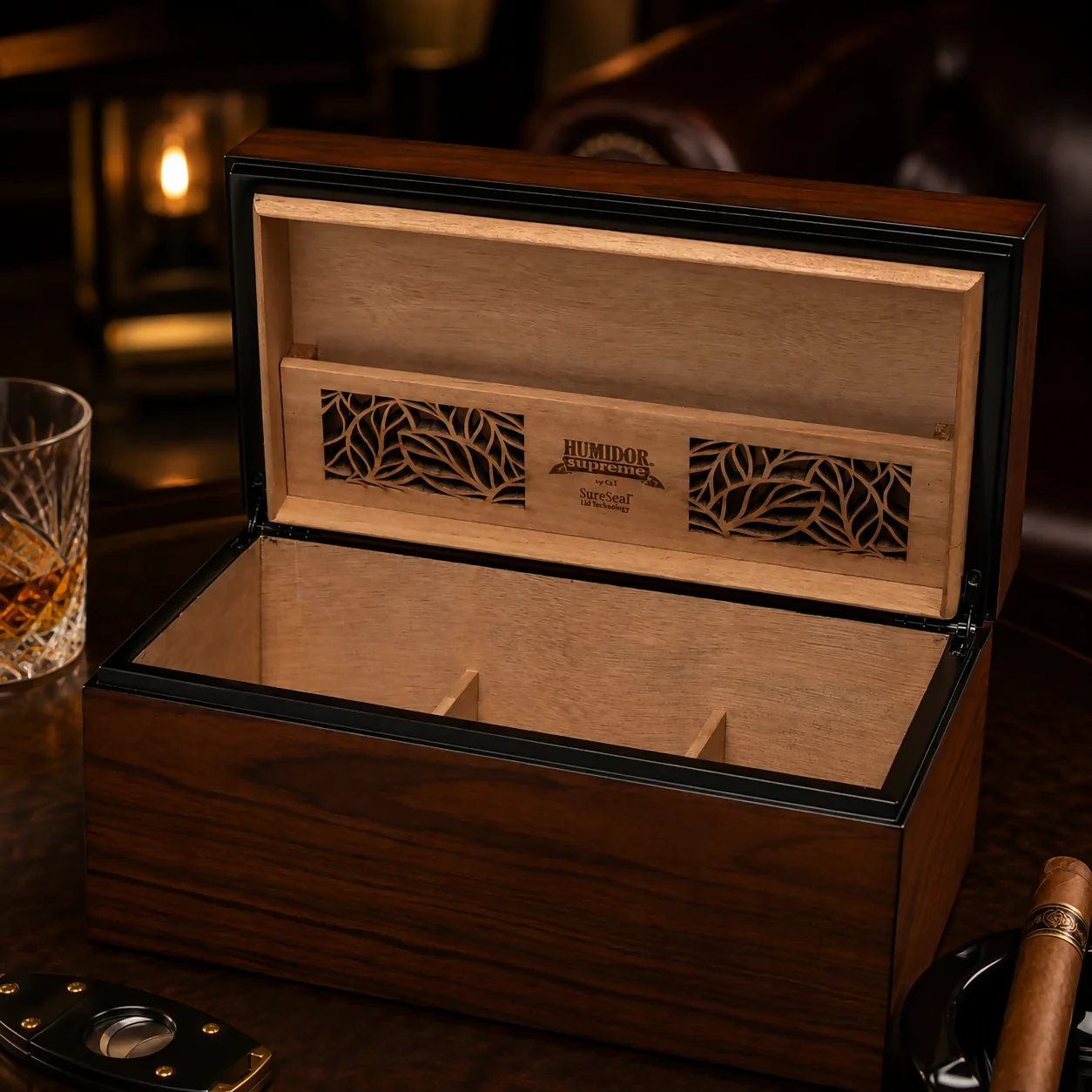 Spanish cedar humidor presented with cigar accessories