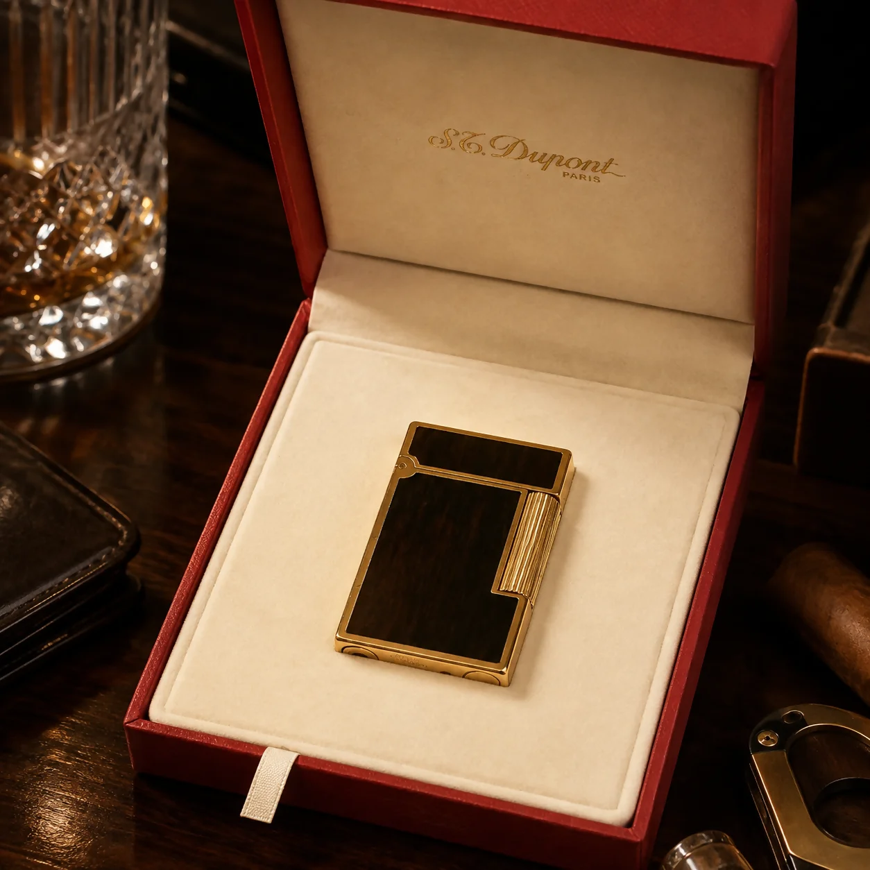 S.T. Dupont lighter presented on a dark wood surface